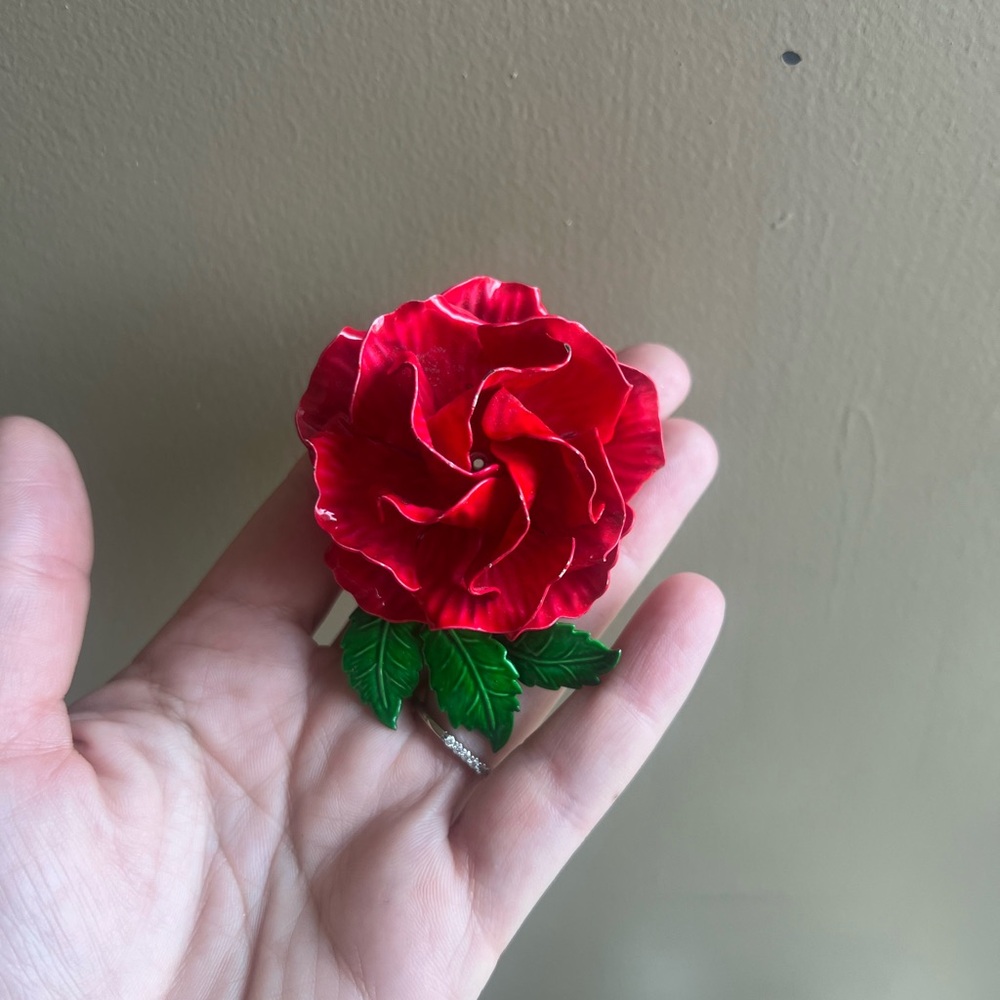 Red Rose Brooch with Green Leaves - Picture 2 of 9